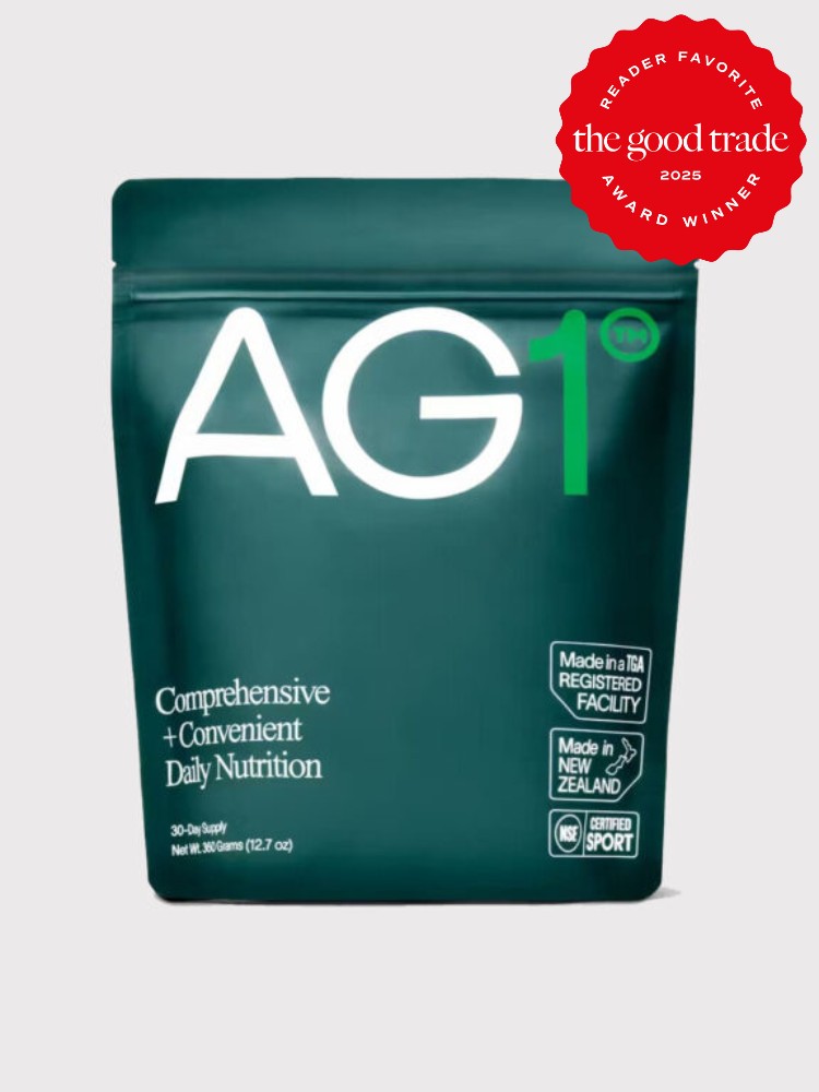 Green AG1 supplement bag with white text