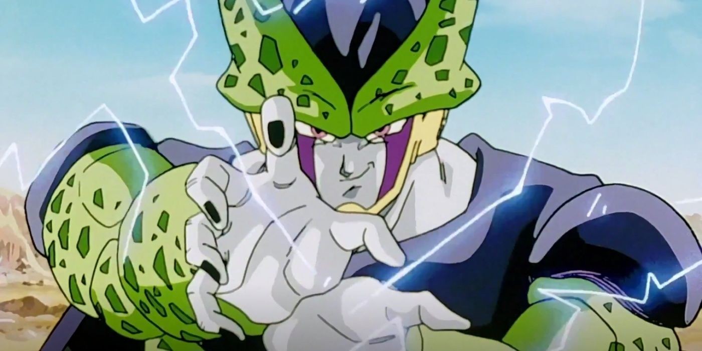 Super Perfect Cell unleashes a Kamehameha, showcasing his formidable power in Dragon Ball Z