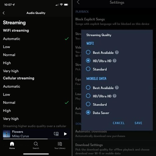 A display showing Spotify's audio quality settings, highlighting different options for streaming quality.