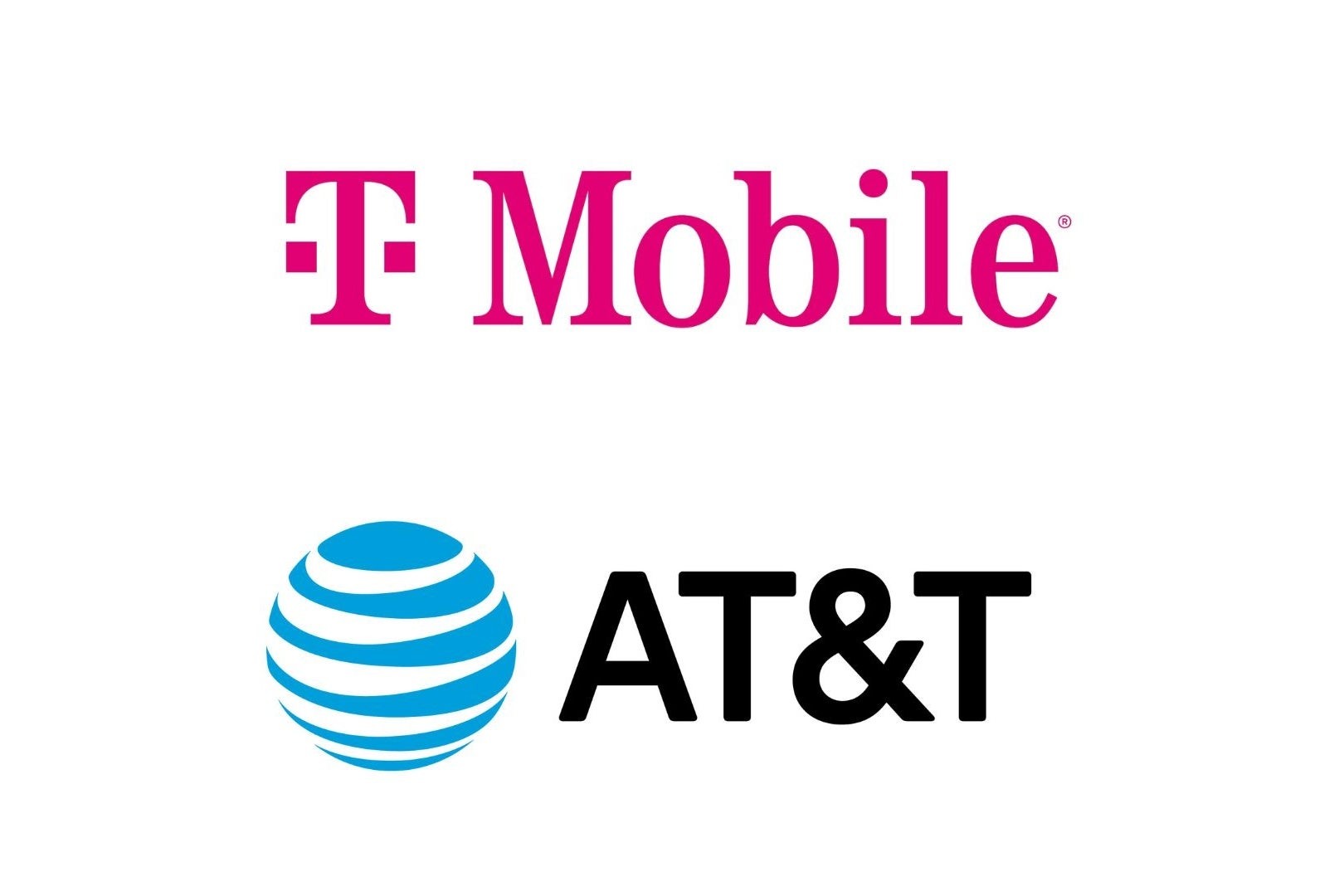 The logos of T-Mobile and AT&T are positioned next to each other, representing a comparison between the two telecommunication companies