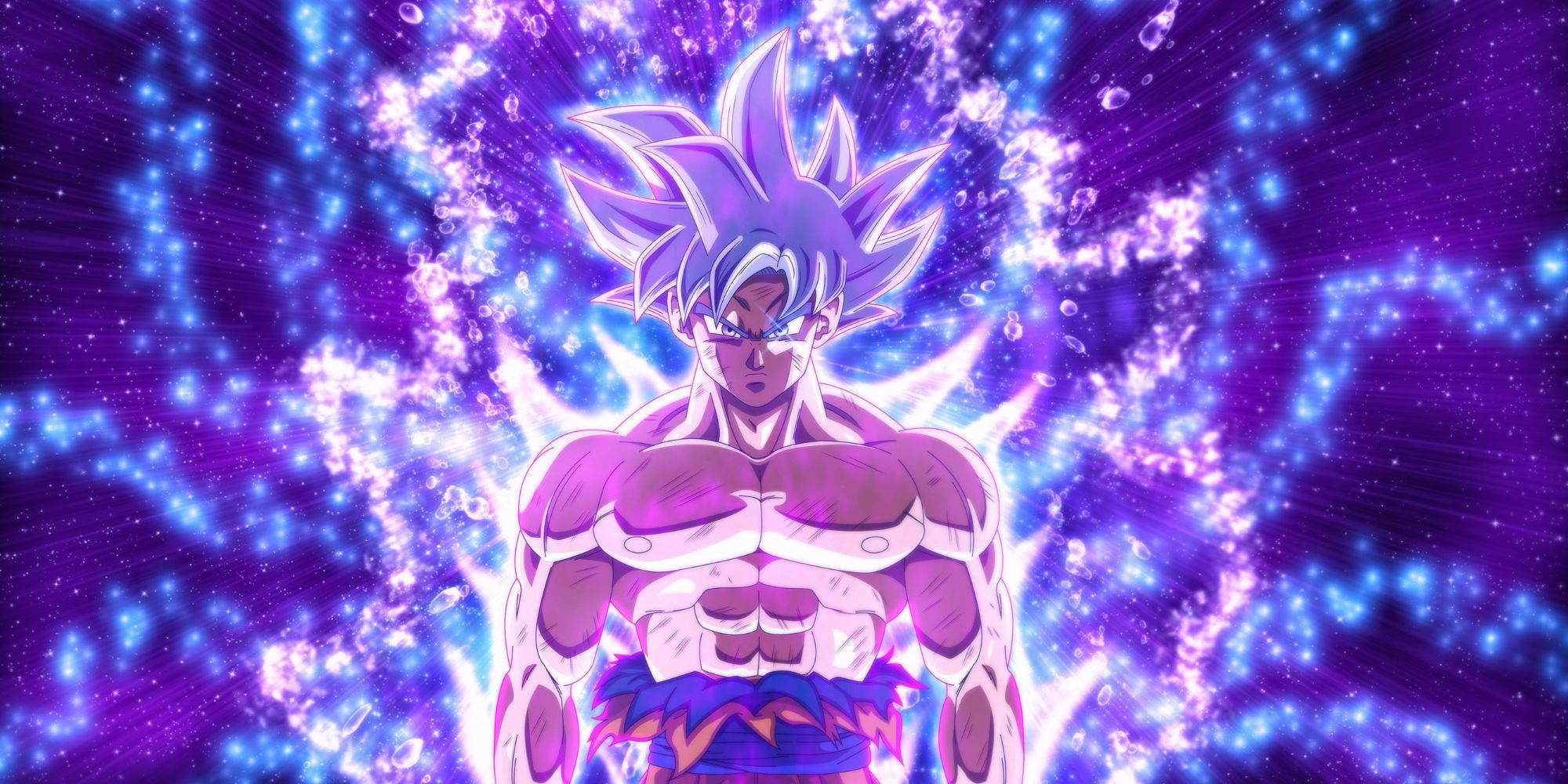 Goku in Ultra Instinct form, radiating a powerful aura and displaying a calm, focused expression, showcasing his immense power and mastery of self-movement