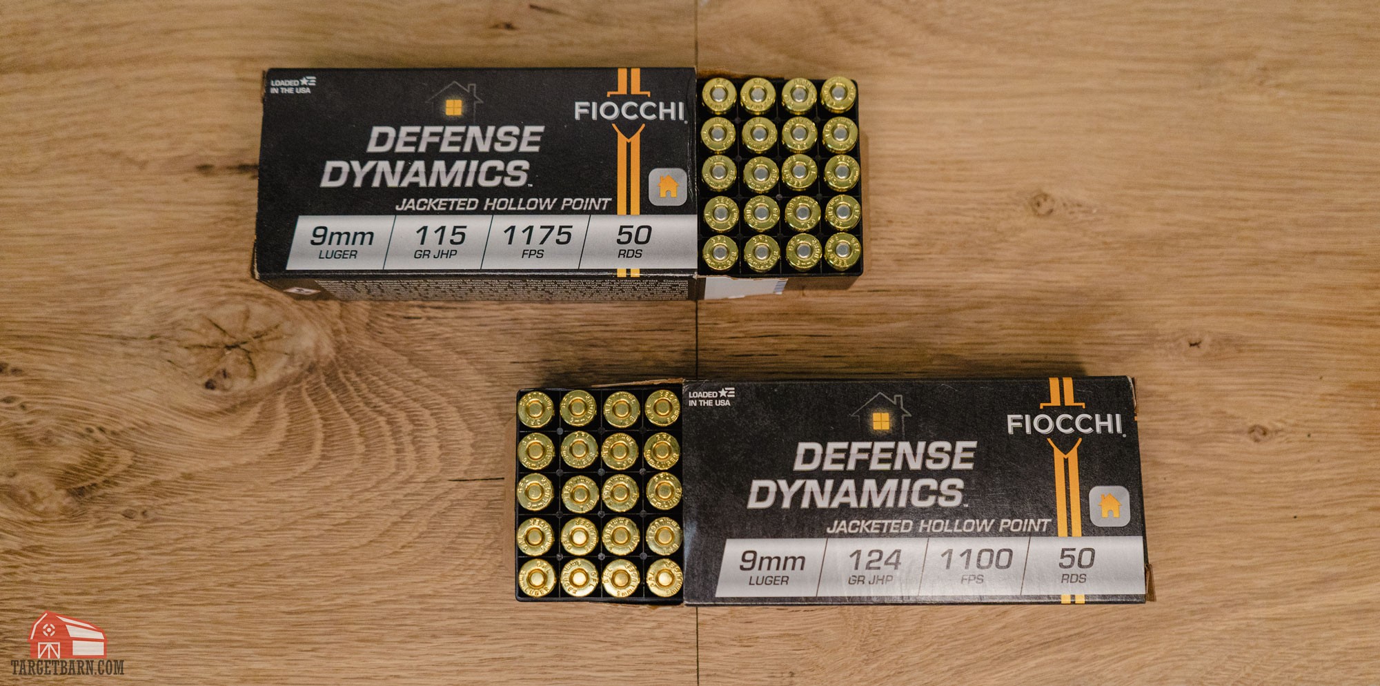 an open box of fiocchi defense dynamics 9mm 115 grain above an open box of fiocchi defense dynamics 9mm 124 grain