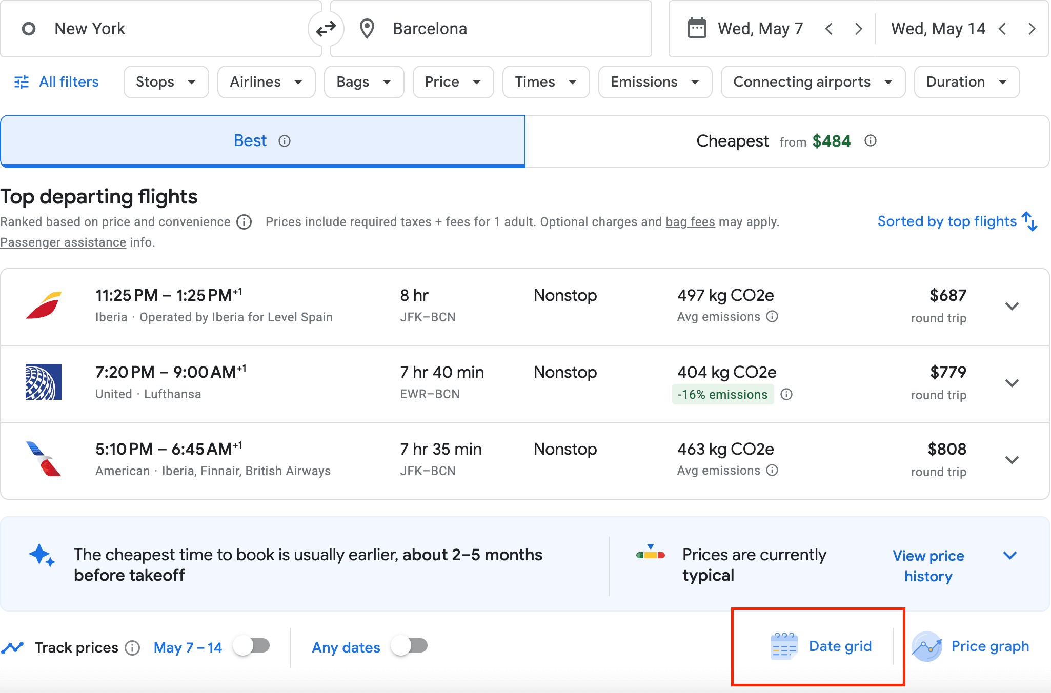 Using the date grid on Google Flights