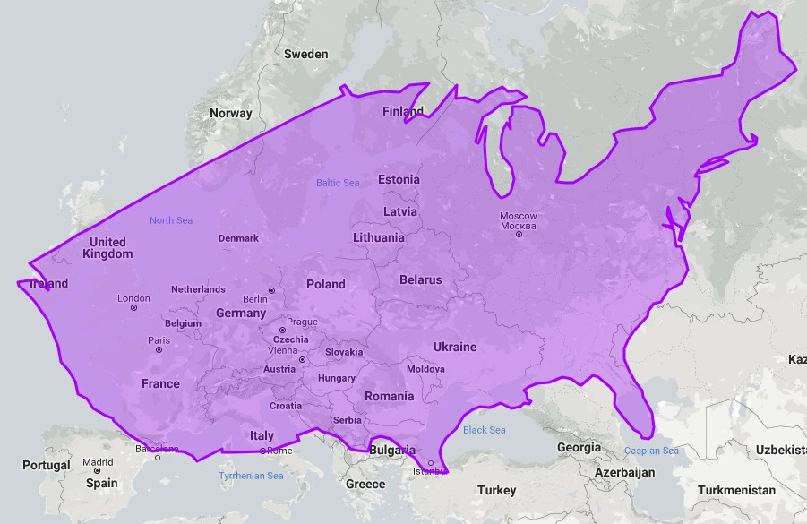 Map comparing the size of Texas and Poland