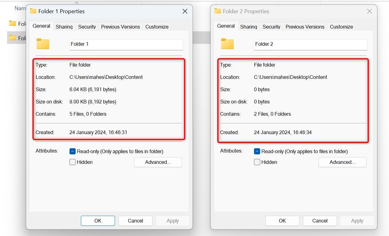 Comparing folder properties in Windows 10