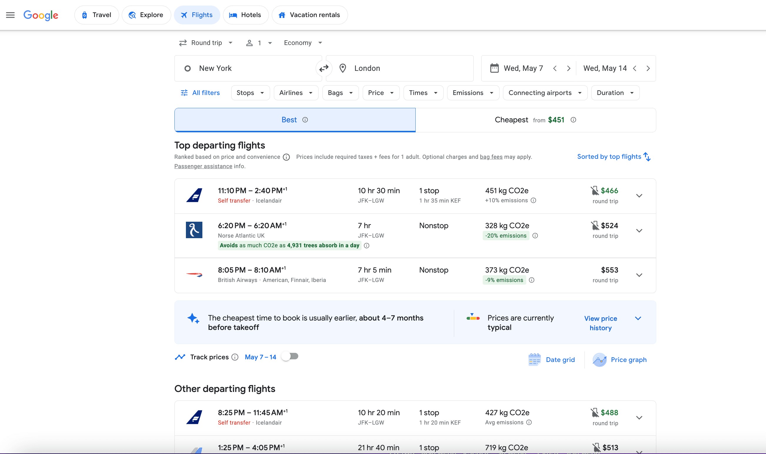 Choosing departing flights using Google Flights flexible dates