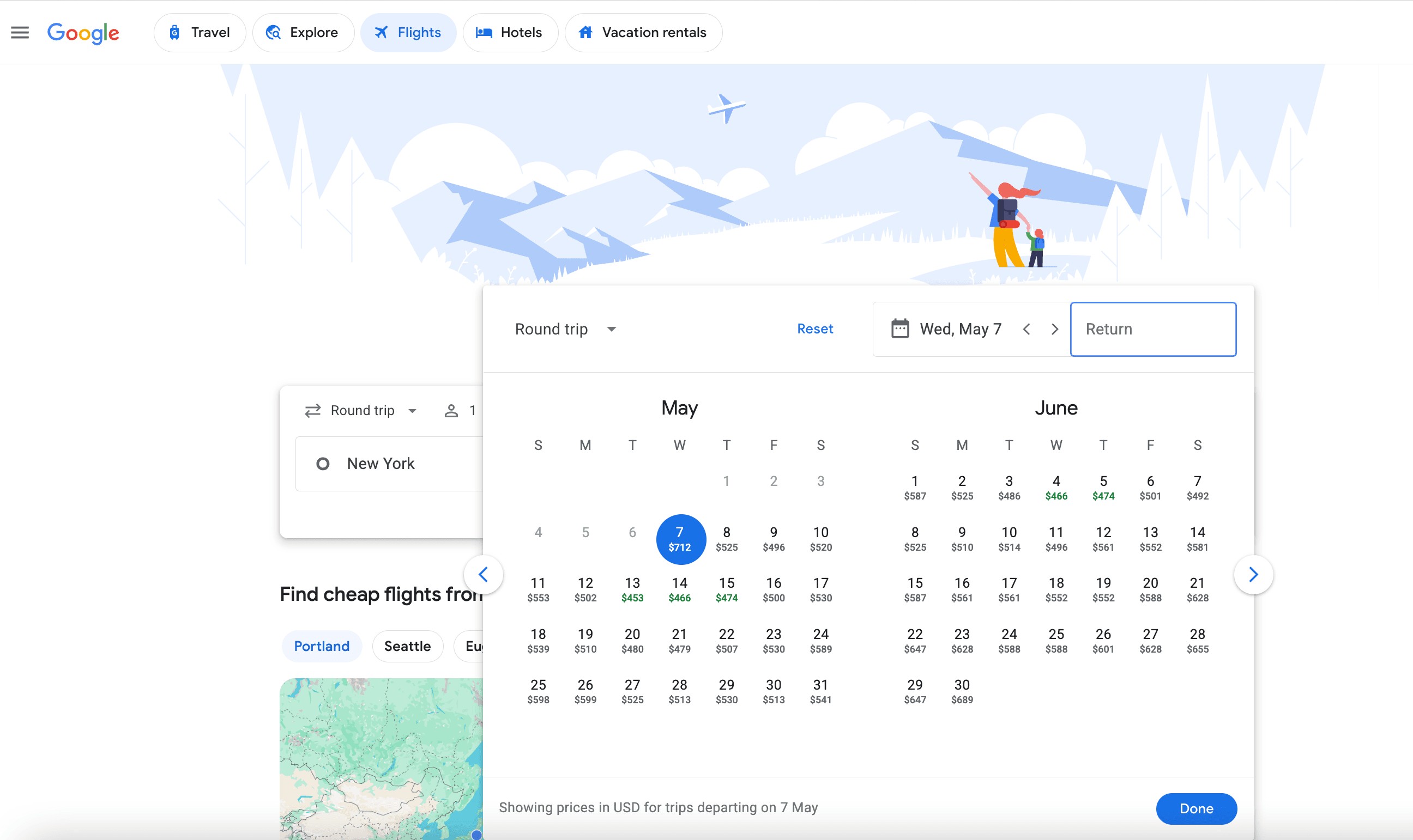 Calendar View in Google Flights showing cheapest days to fly