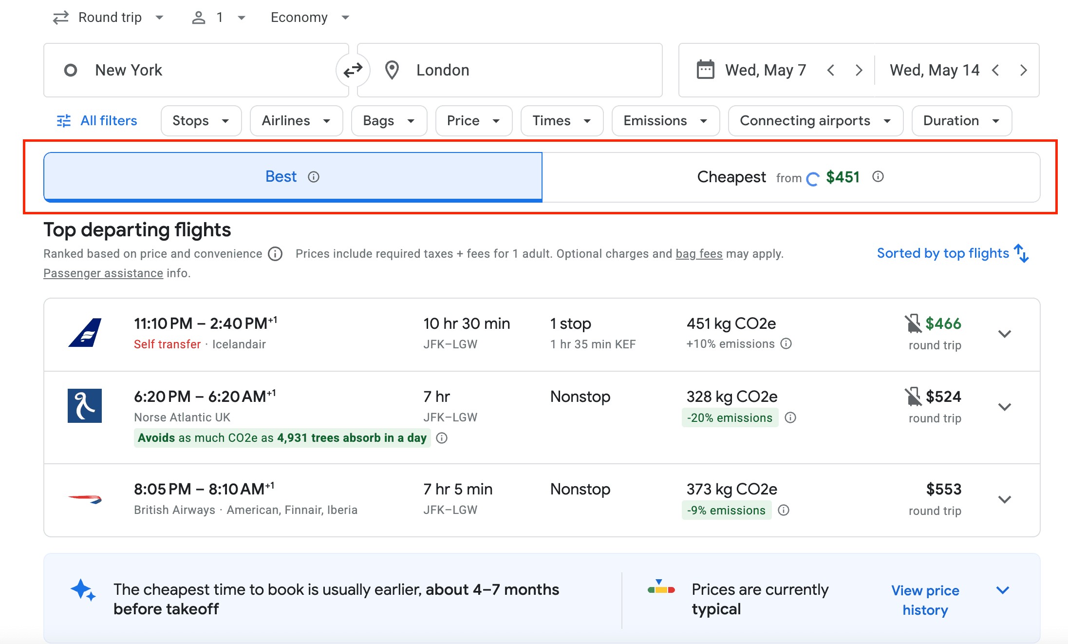 Google Flights sorting by best and cheapest flights