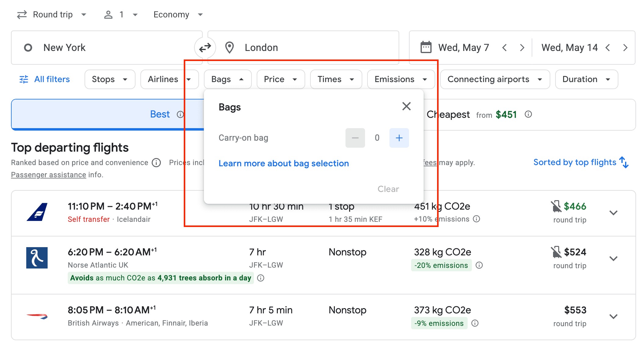 Google Flights choosing baggage preferences