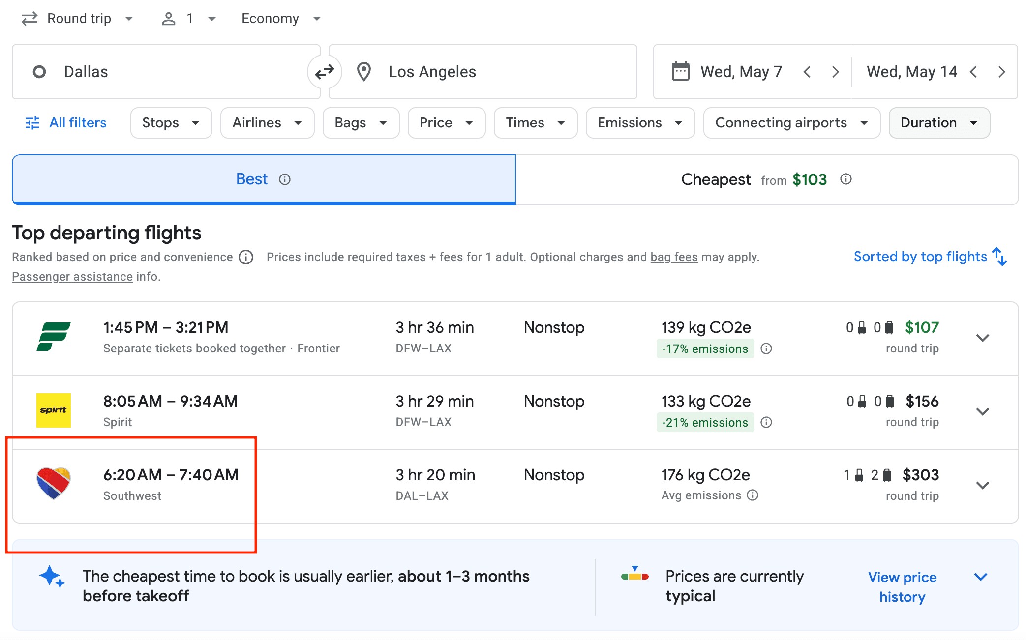 Google Flights showing Southwest integration