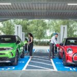 Charging station with multiple EVs, showcasing the growing infrastructure for electric vehicles