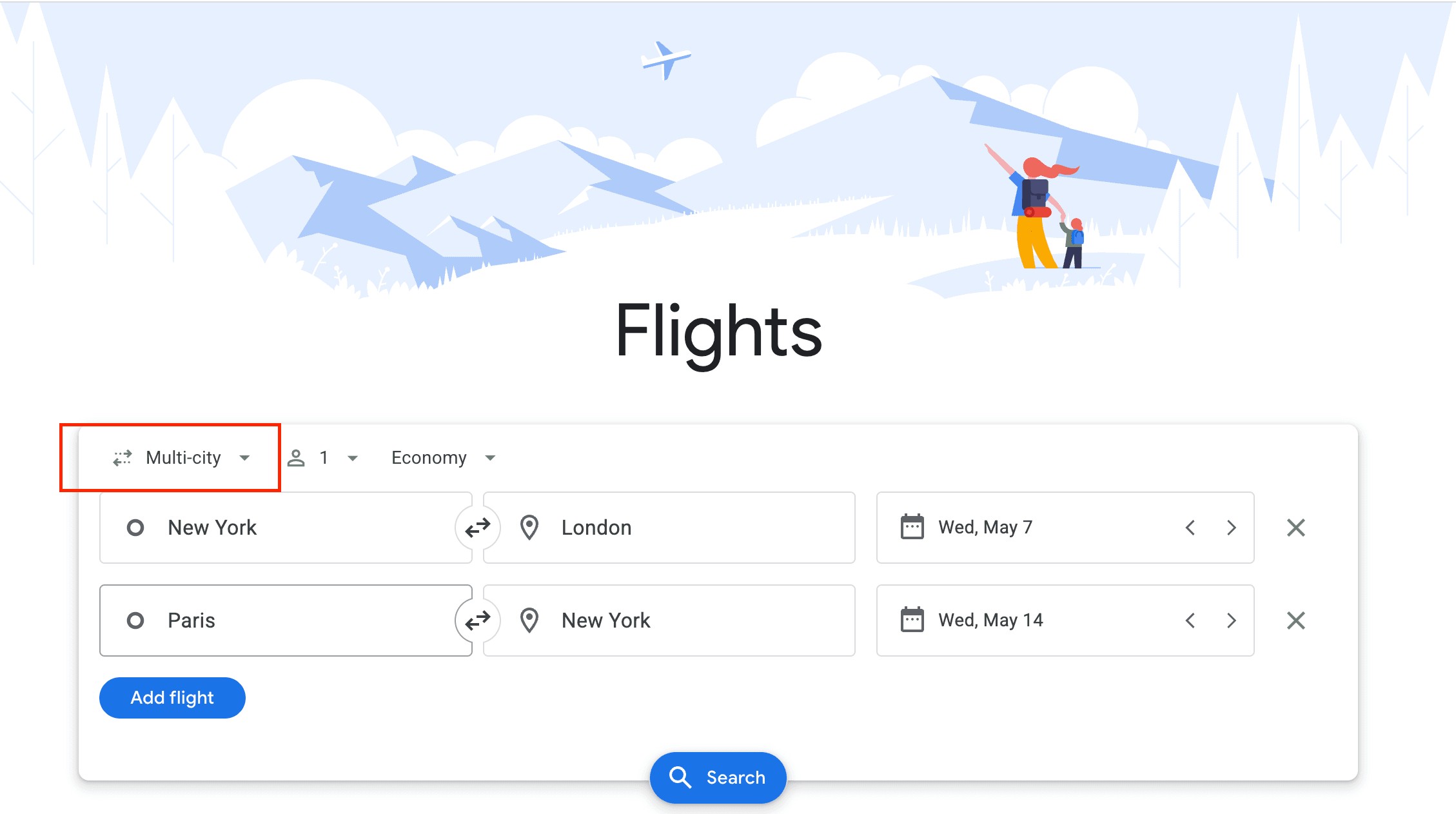 Google Flights showing multi-city itineraries