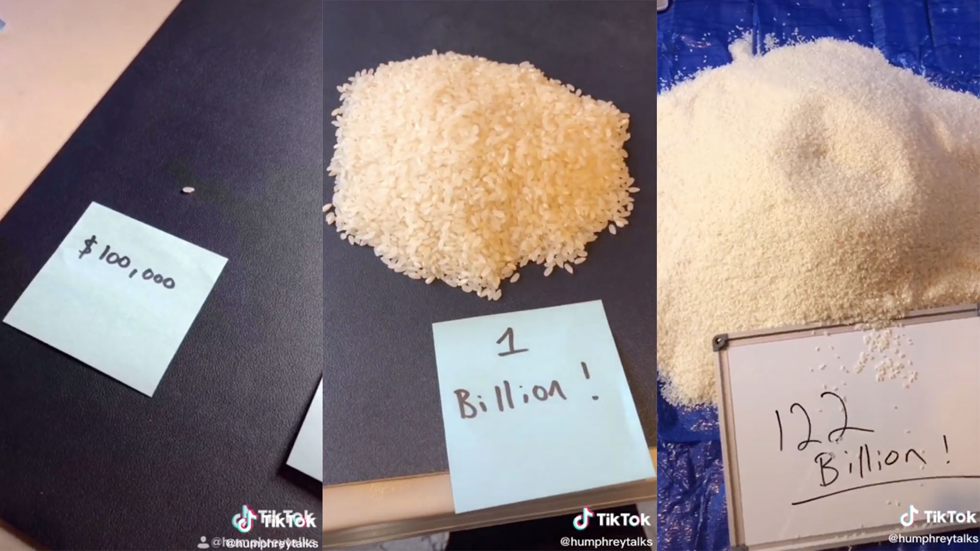 Visual representation using rice grains, illustrating the vast disparity between a million and a billion dollars.