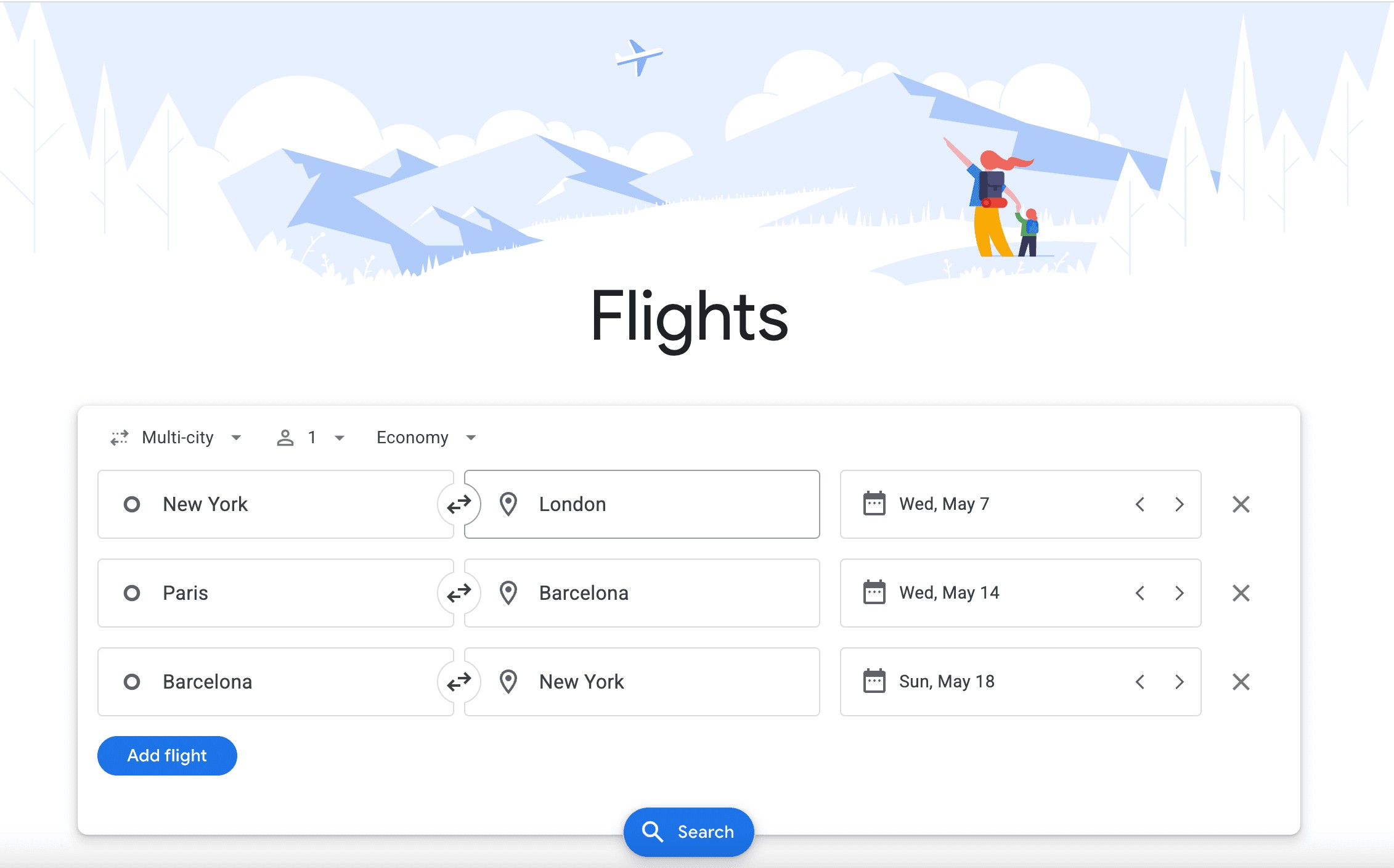Booking multi-city flights using Google Flights