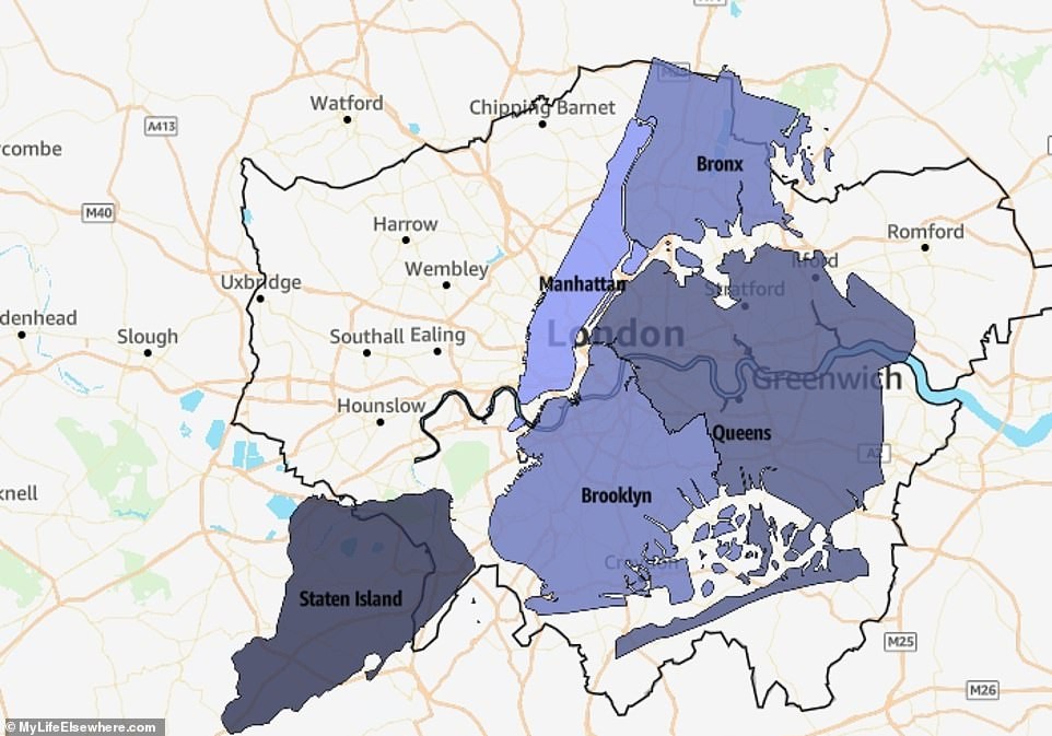 Comparison of London and New York City's land area, showing London is approximately twice the size of New York City