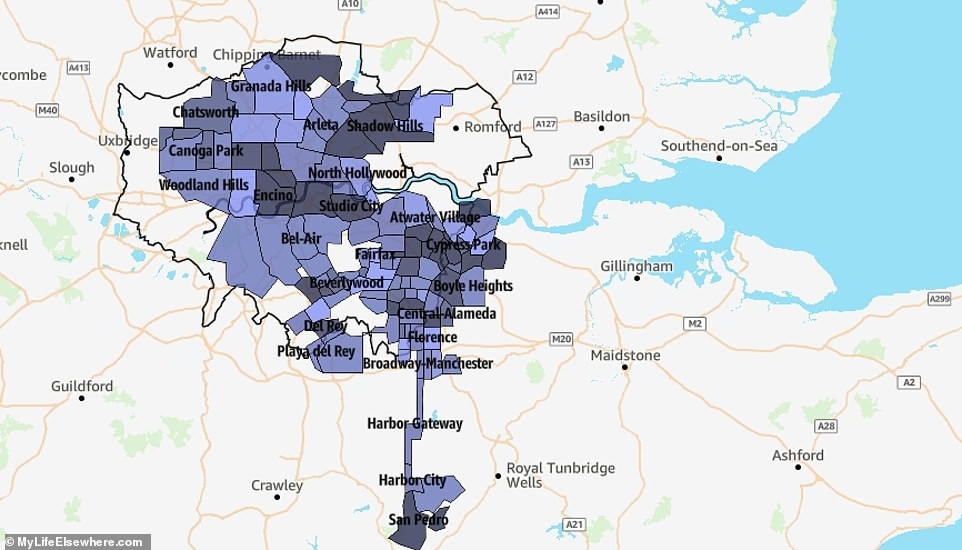 Comparison of London and Los Angeles's land area, indicating London is about 1.3 times larger than Los Angeles