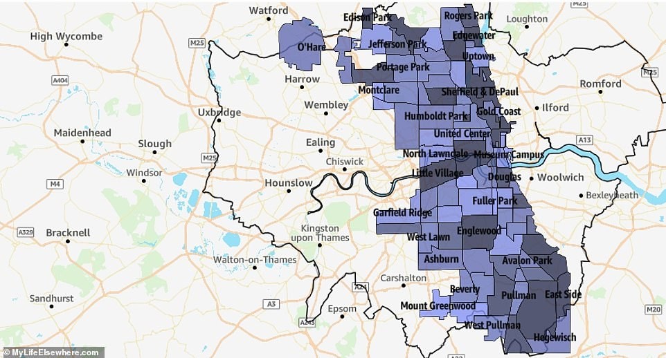 Comparison of London and Chicago's land area, revealing London is roughly 2.7 times larger than Chicago