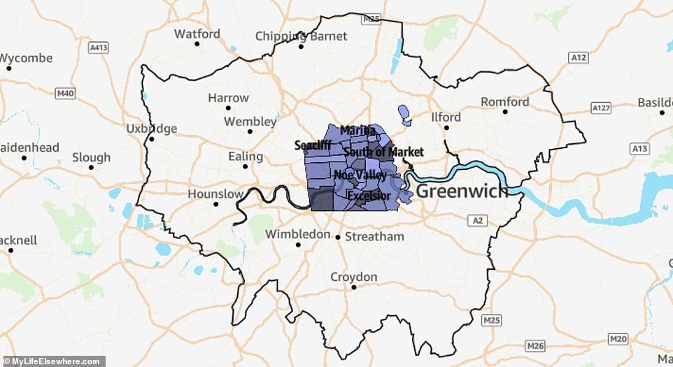 Comparison of London and San Francisco's land area, highlighting London is about 13 times larger than San Francisco