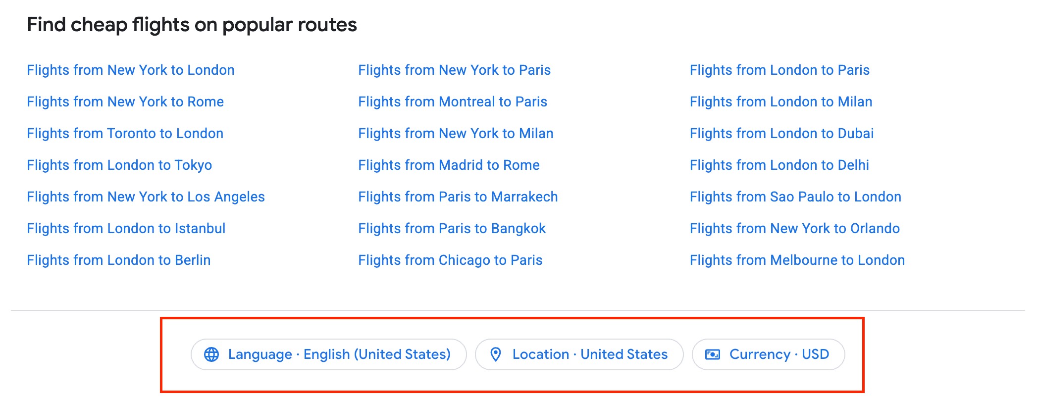 Changing your currency on Google Flights at the bottom of the screen