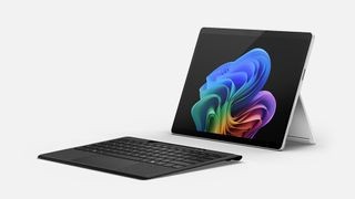 Product shot of Microsoft Surface Pro 11, illustrating its sleek design and functionality