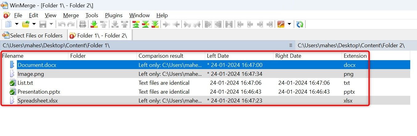 A detailed comparison of two folders using WinMerge, showing different file statuses