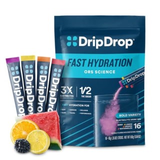 Close-up of DripDrop electrolyte powder packets in various fruit flavors.