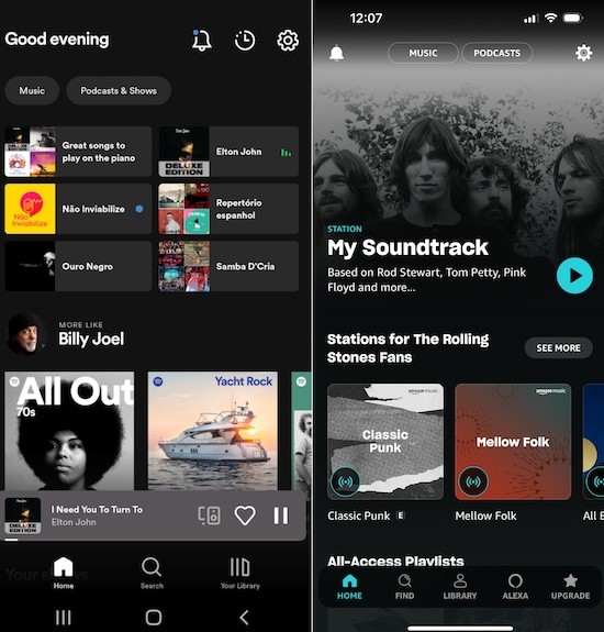 amazon music vs spotify article screenshot showing spotify and amazon music apps side by side