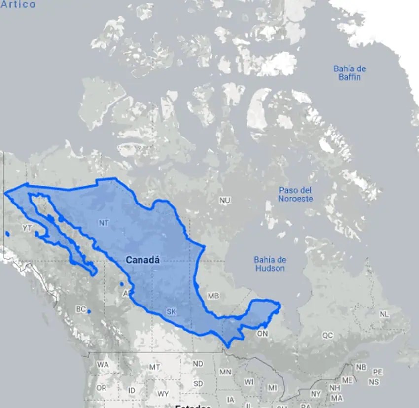 Map of North America showing the relative sizes of Canada and Mexico