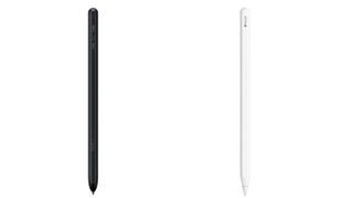 Samsung S-Pen side by side with Apple Pencil 2 on white background