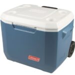 Coleman Xtreme Wheeled Cooler against a white background, illustrating its portability and convenient design.