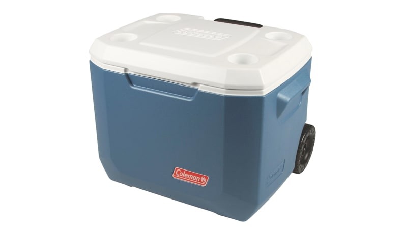Coleman Xtreme Wheeled Cooler against a white background, illustrating its portability and convenient design.