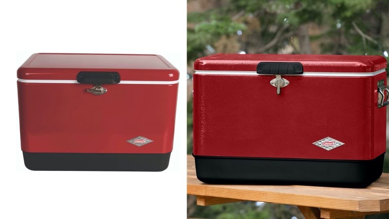 Coleman ice cooler against a white backdrop and a green forest backdrop, showcasing its versatility