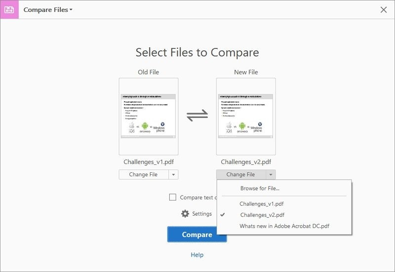 Selecting Files to Compare in Adobe Acrobat