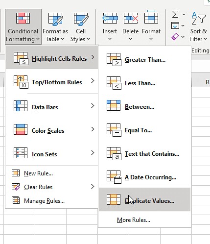 Selecting Duplicate Values with Conditional Formatting