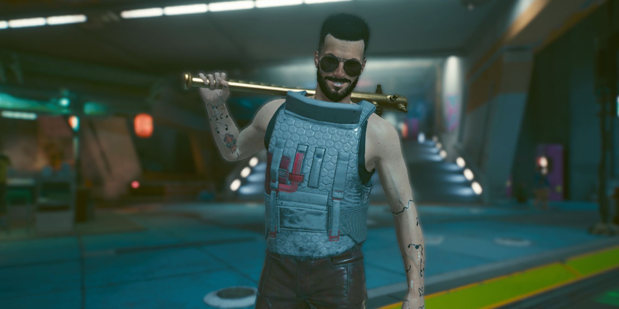 Cyberpunk 2077 Screenshot Of V Holding Golden Baseball Bat