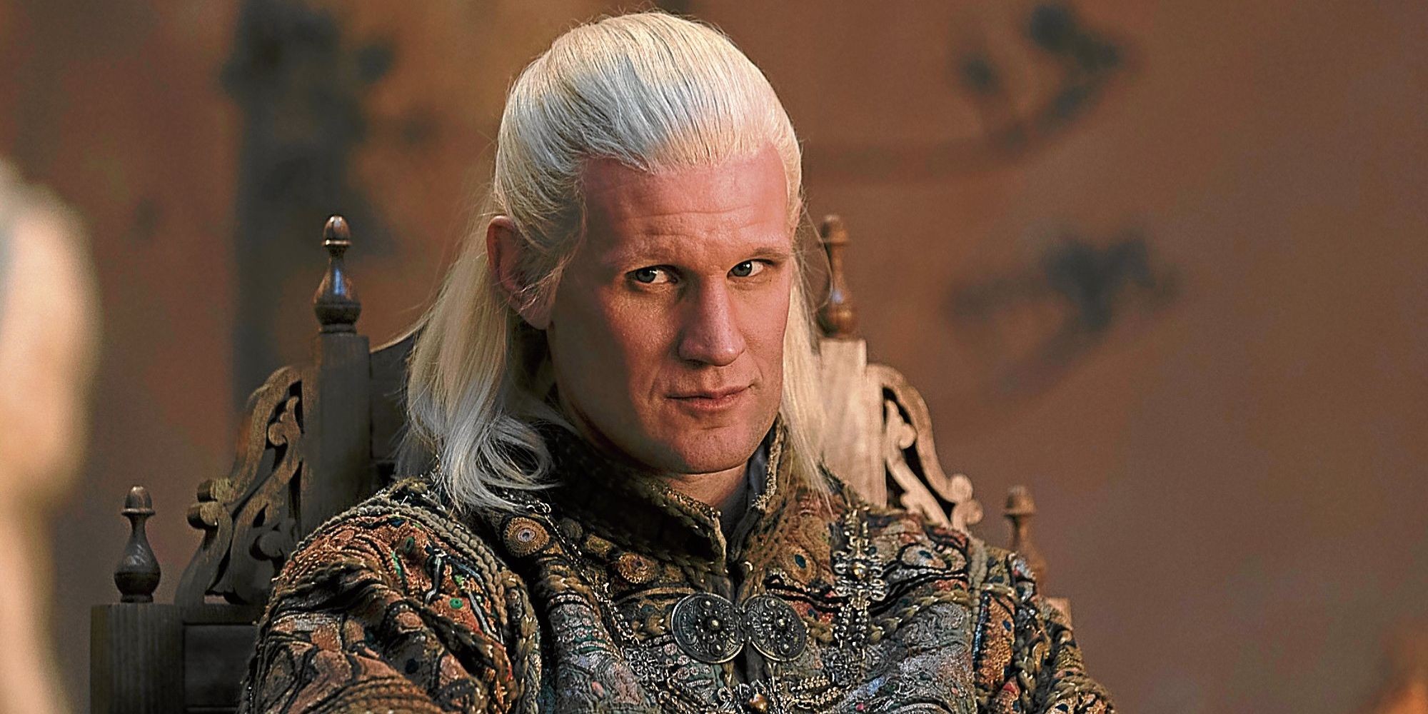 Daemon Targaryen raising an eyebrow in House of the Dragon, capturing his mischievous nature and influence over Rhaenyra