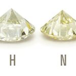 four diamonds ranging in warmth from lightest to warmest. diamond prices will be higher for more colorless stones.