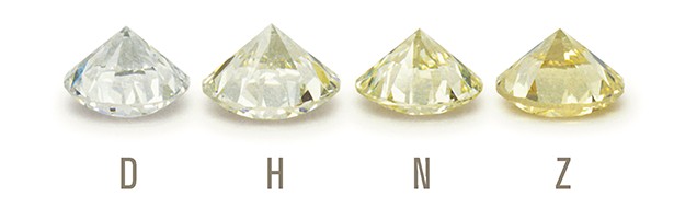 four diamonds ranging in warmth from lightest to warmest. diamond prices will be higher for more colorless stones.