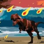 Artwork depicting Chicxulub impact, with dinosaur surrounded by asteroid flames