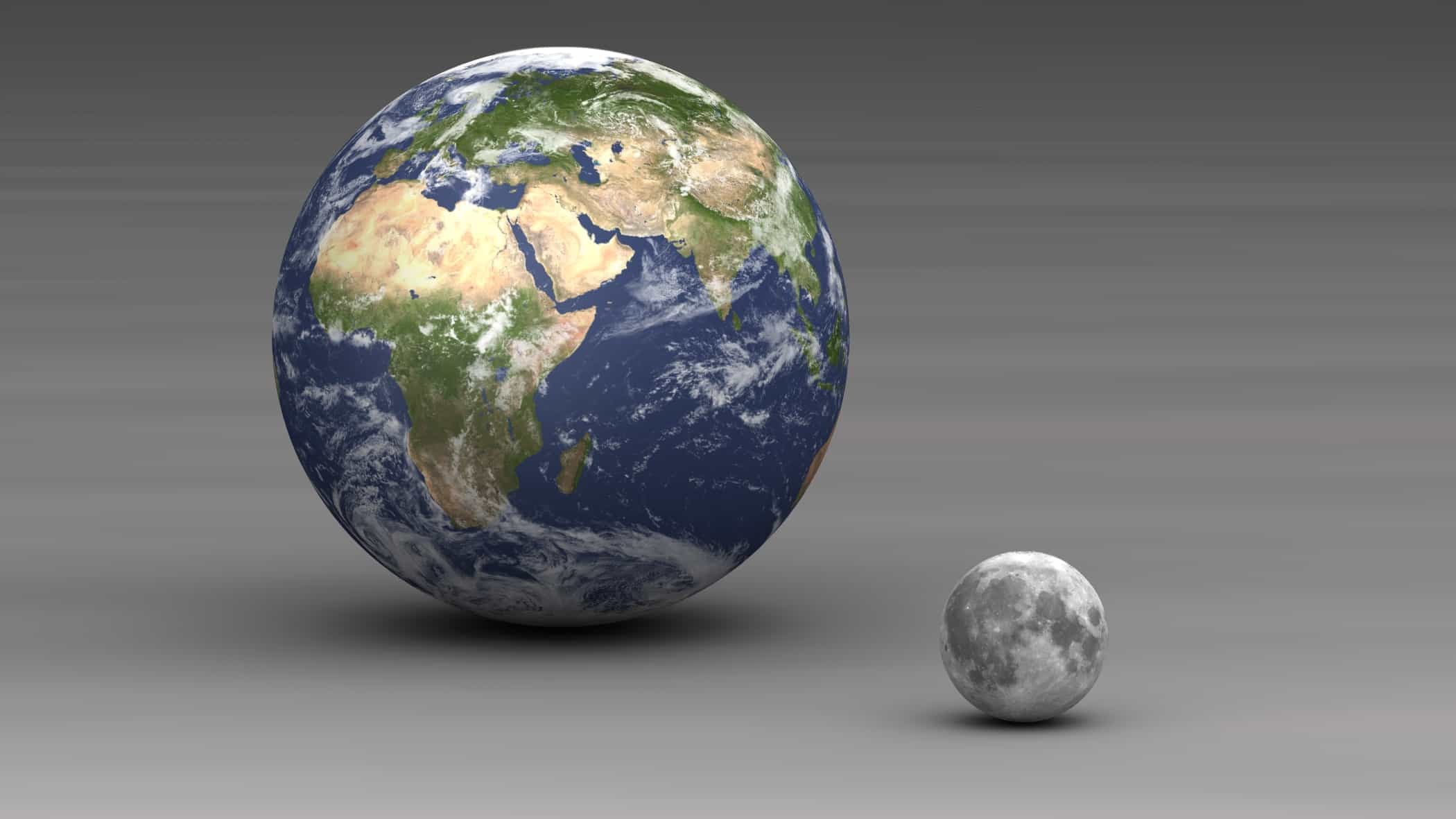 Comparison of the Earth and the Moon size, showcasing their proportional differences