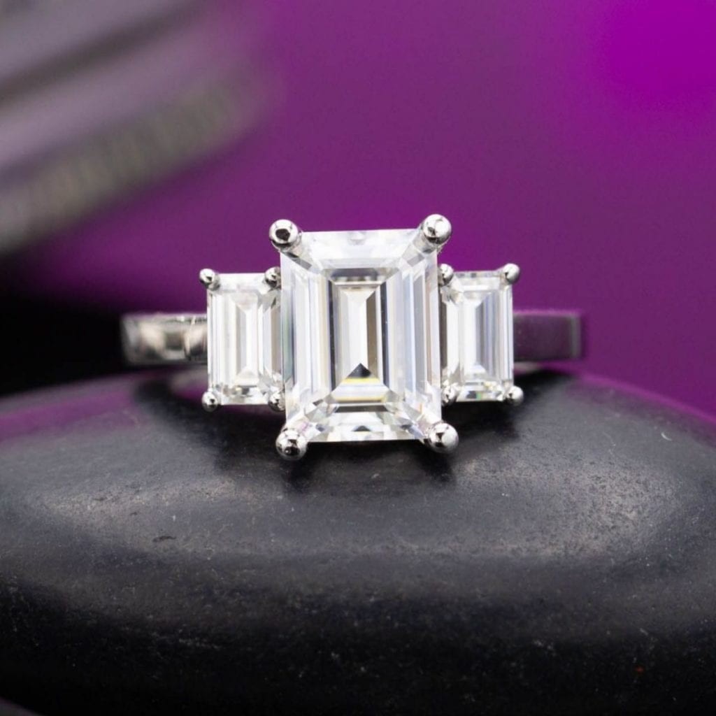 Emerald cut moissanite ring with excellent clarity
