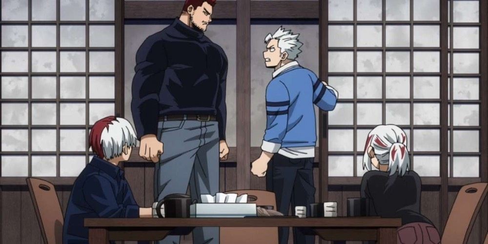 Endeavor and Natsuo arguing as Shoto and Fuyumi look on in My Hero Academia