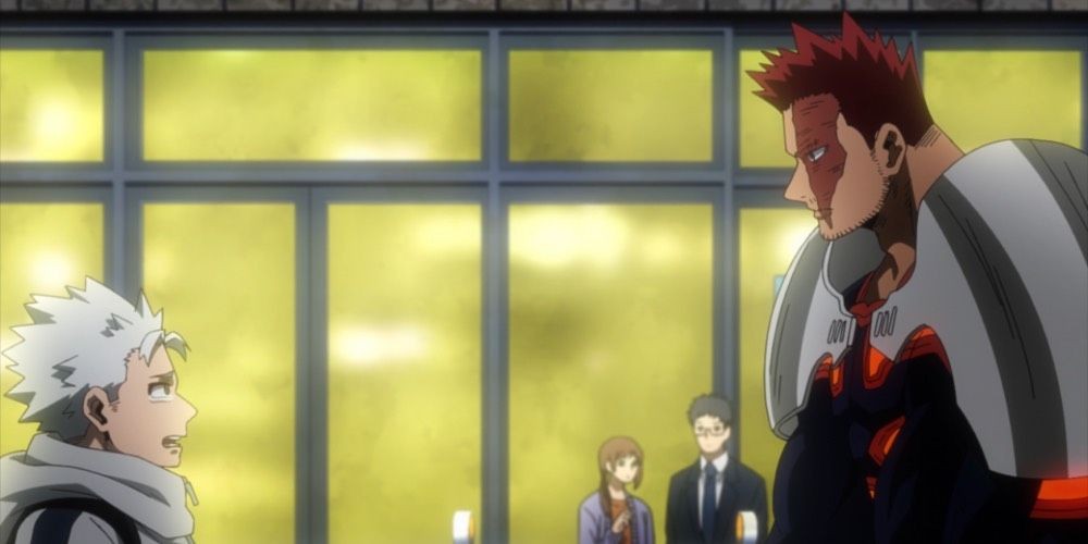 Endeavor apologizing to Natsuo as pedestrians look on in My Hero Academia