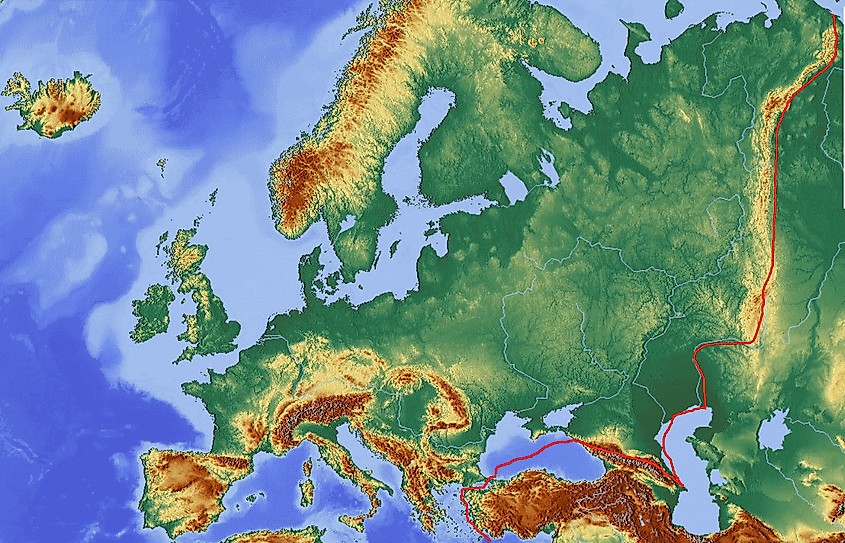 Europe Relief Maps with Europe-Asia Border