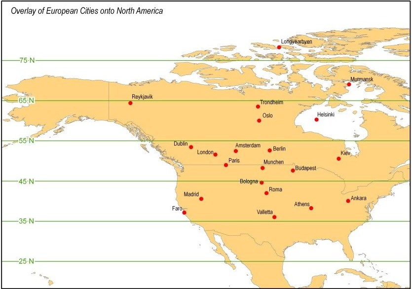 Comparison of European and North American city latitudes