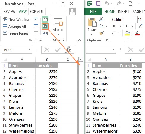 Arranging Excel windows side by side for visual comparison