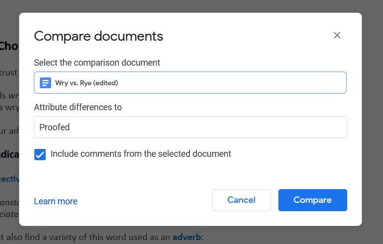 Selecting the document to compare against using Google Docs.