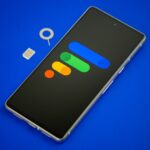 Google Fi Wireless logo on smartphone with SIM card and SIM ejector next to it Stock photo 5