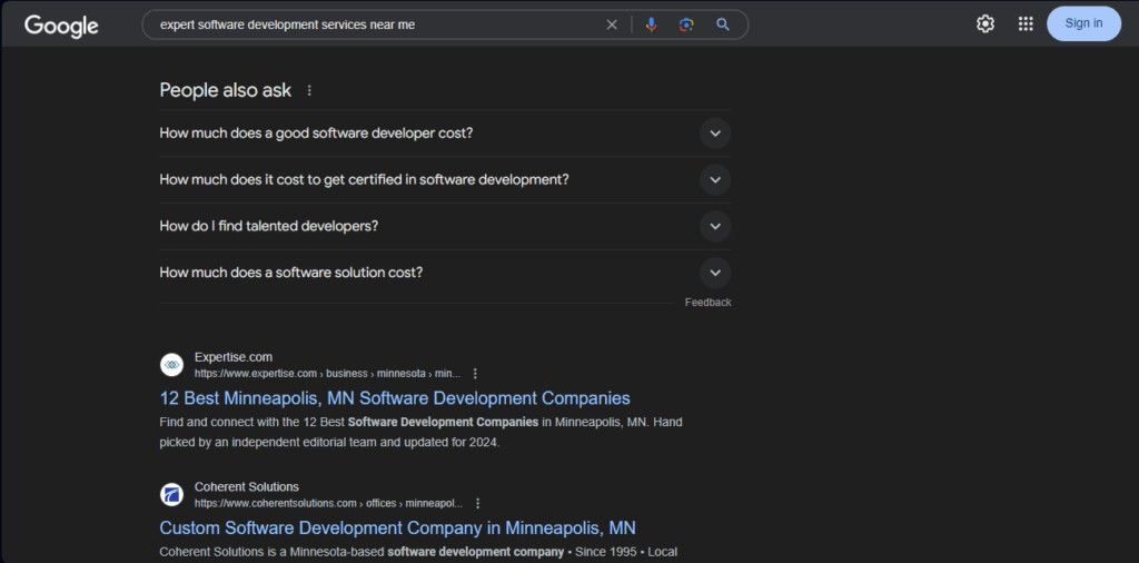 Google SERPS showcasing organic listings underneath the 'People Also Ask' section for "expert software development services" search query.