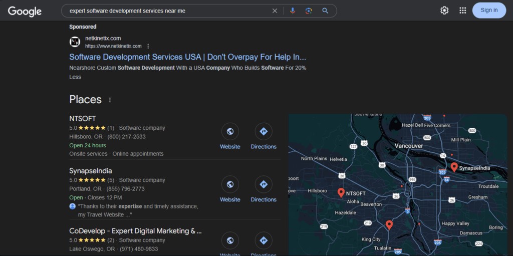 Google SERPS displaying places section for the search query "expert software development services near me."